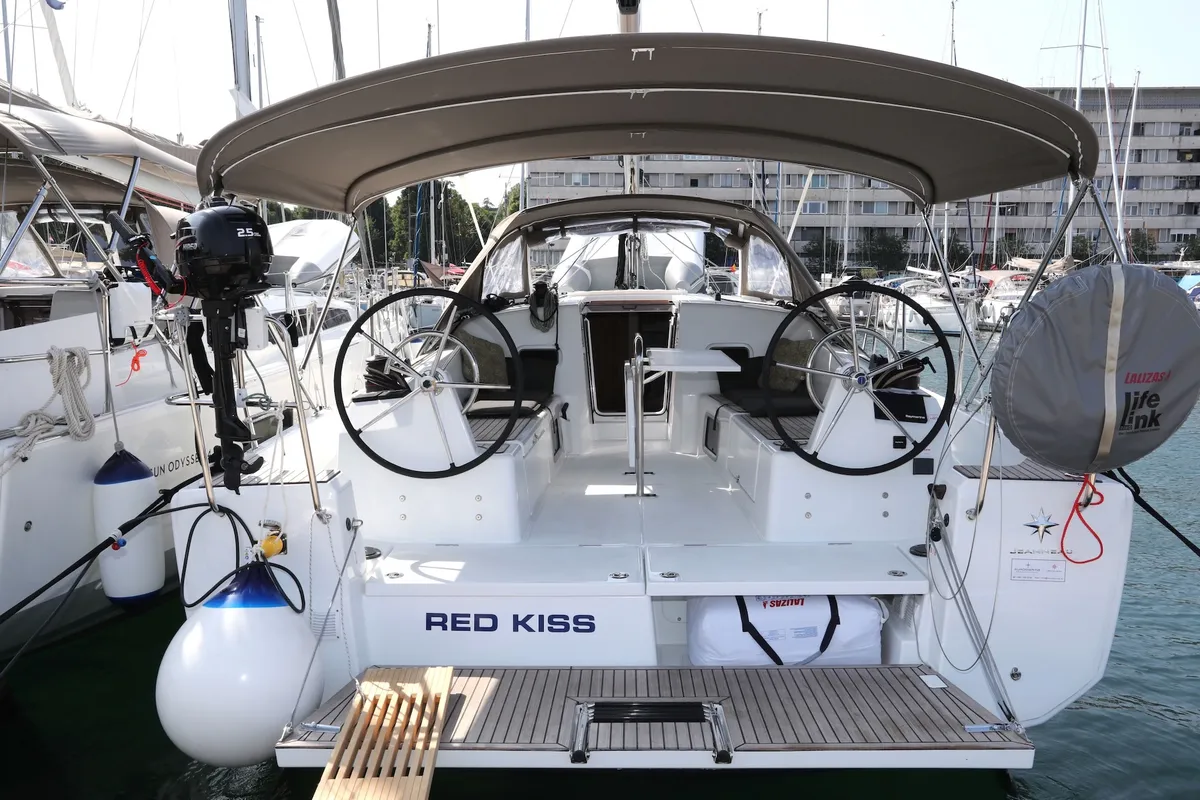 Cockpit of Red Kiss, a Jeanneau Sun Odyssey 380 sailboat at Grad Pula, Croatia
