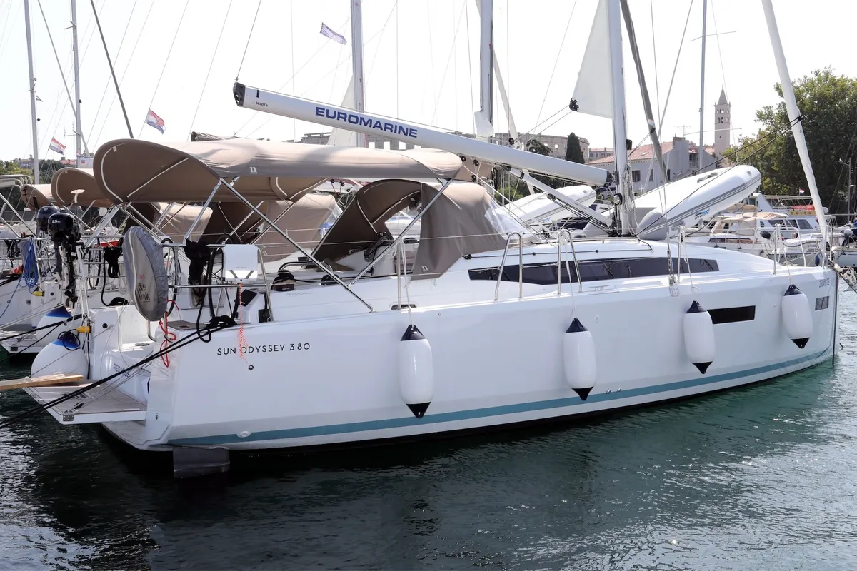 Exterior view of Red Kiss, a Jeanneau Sun Odyssey 380 sailboat at Grad Pula, Croatia