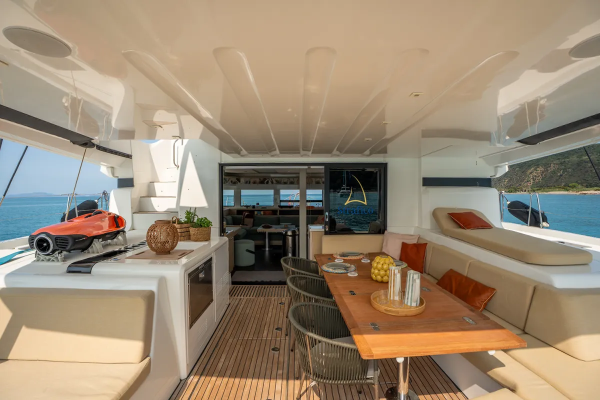 Deck of Lagoon 55, a catamaran at Capo d'Orlando, Italy