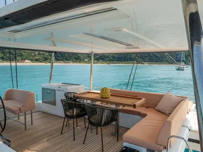 Deck of Lagoon 55, a catamaran at Capo d'Orlando, Italy