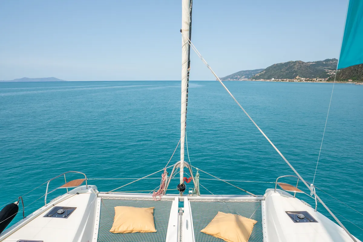 Deck of Lagoon 55, a catamaran at Capo d'Orlando, Italy