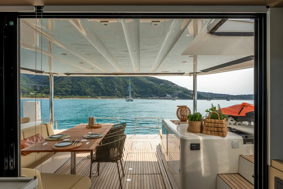 Deck of Lagoon 55, a catamaran at Capo d'Orlando, Italy