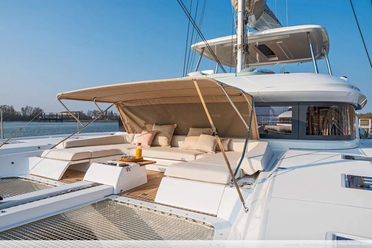 Exterior view of Lagoon 55, a catamaran at Capo d'Orlando, Italy