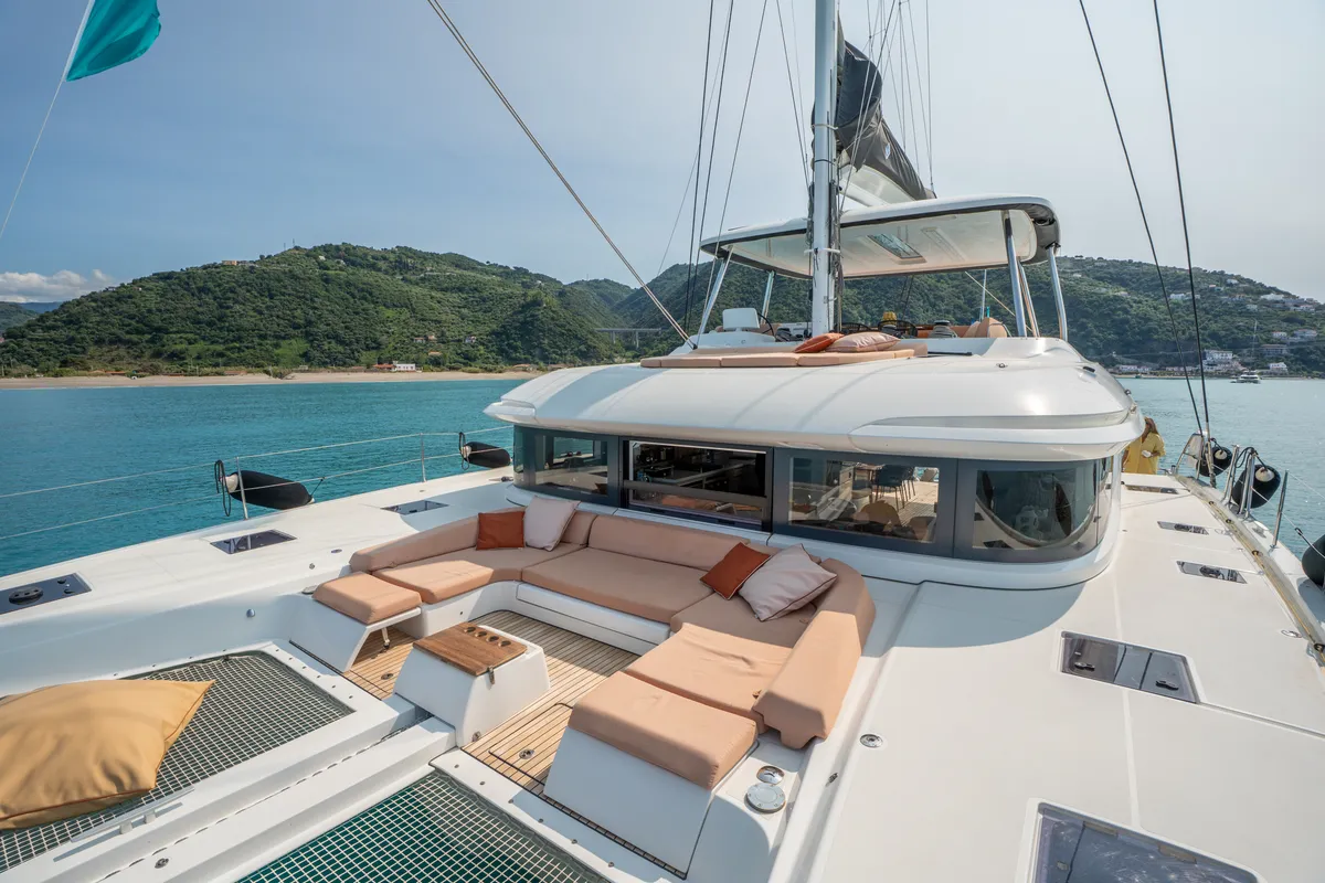 Exterior view of Lagoon 55, a catamaran at Capo d'Orlando, Italy