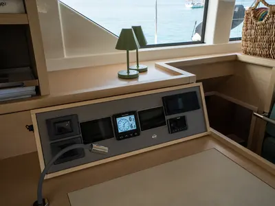 Cockpit of Lagoon 55, a catamaran at Capo d'Orlando, Italy