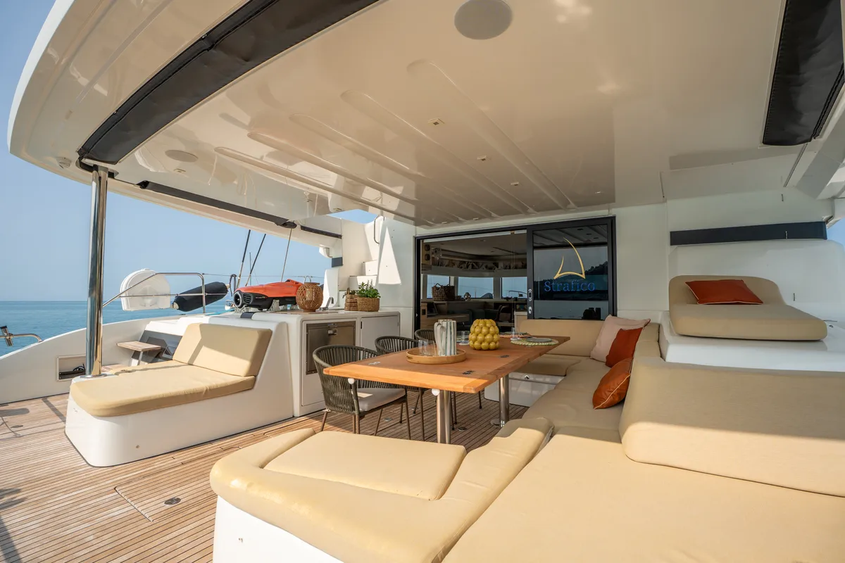 Deck of Lagoon 55, a catamaran at Capo d'Orlando, Italy