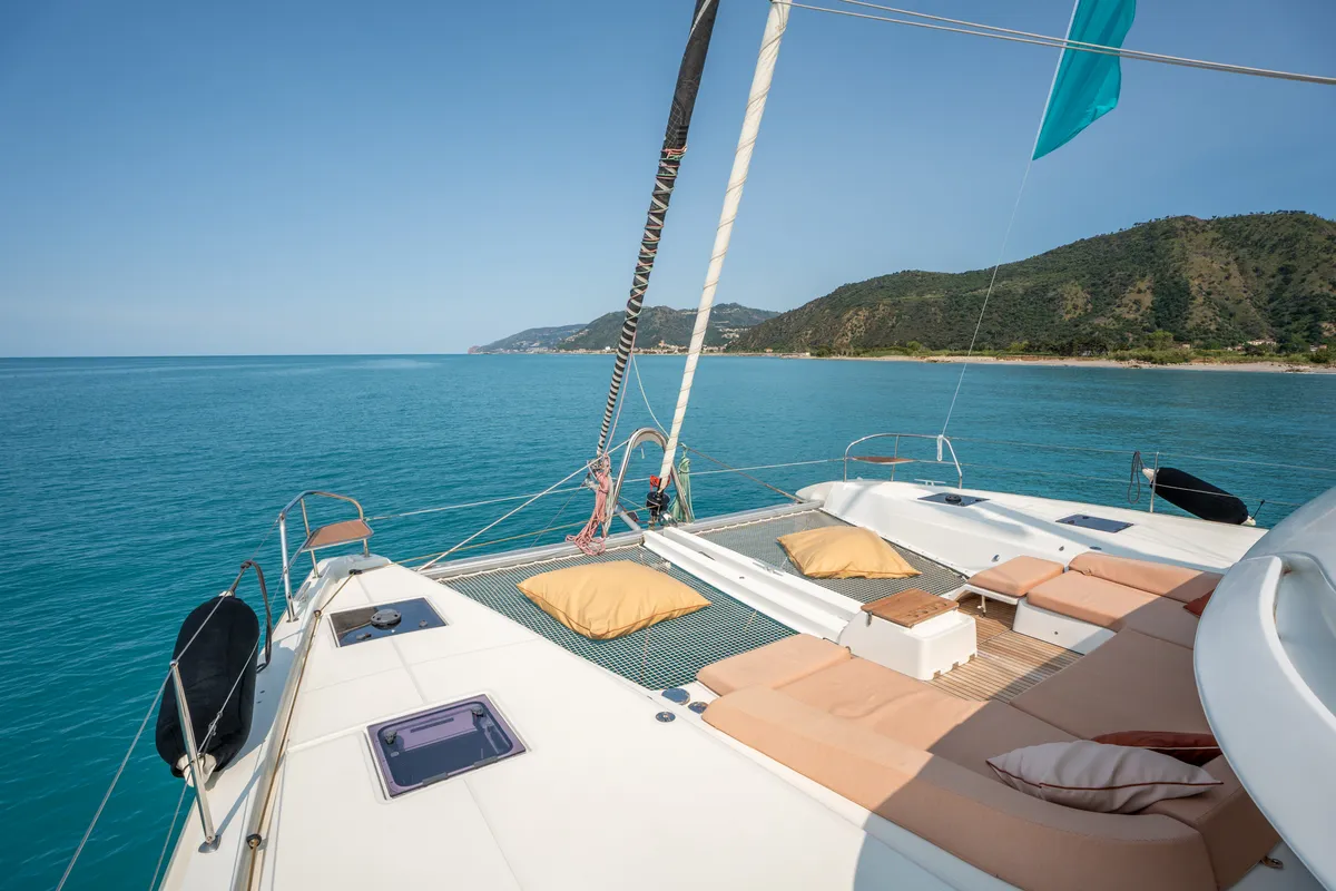 Deck of Lagoon 55, a catamaran at Capo d'Orlando, Italy