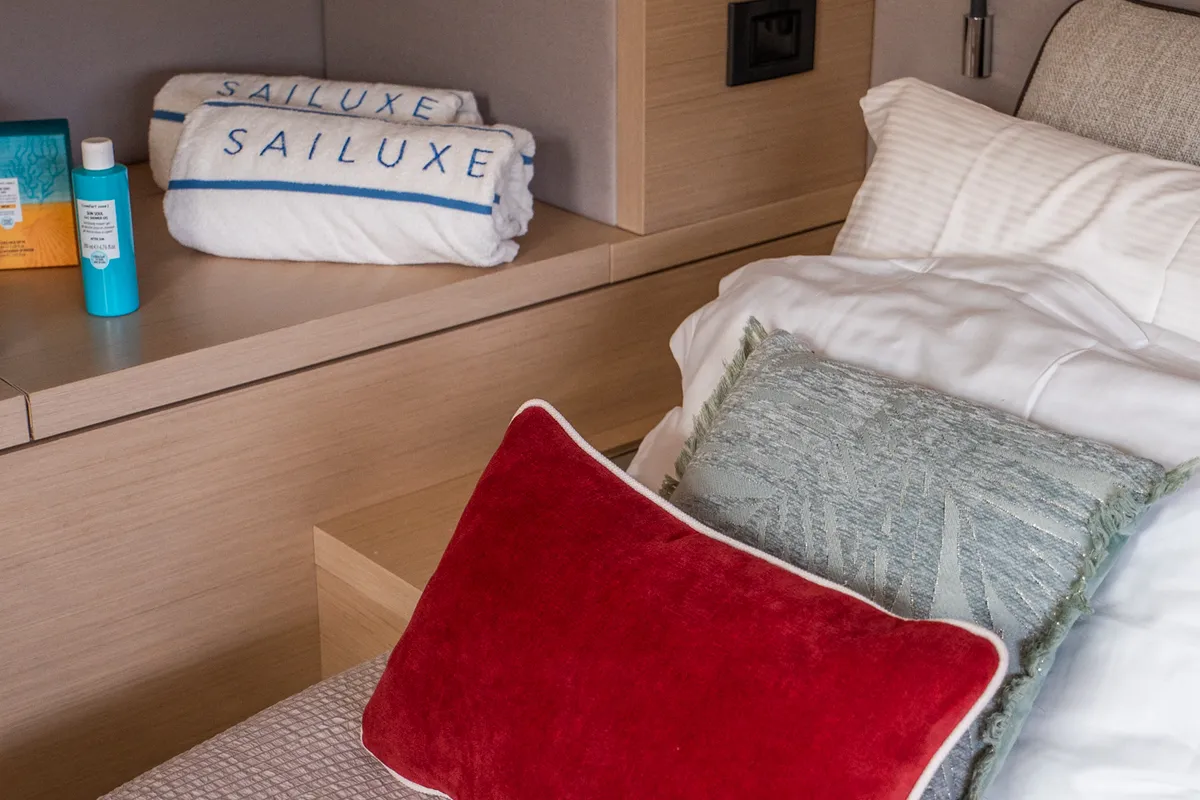 Cabin on Lagoon 55, a catamaran at Capo d'Orlando, Italy