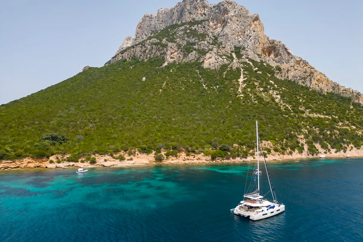 Exterior view of Lagoon 55, a catamaran at Capo d'Orlando, Italy