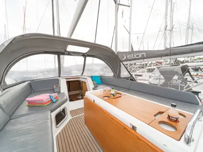 Deck of Scorpius, a Jeanneau 54 sailboat at Kos, Greece