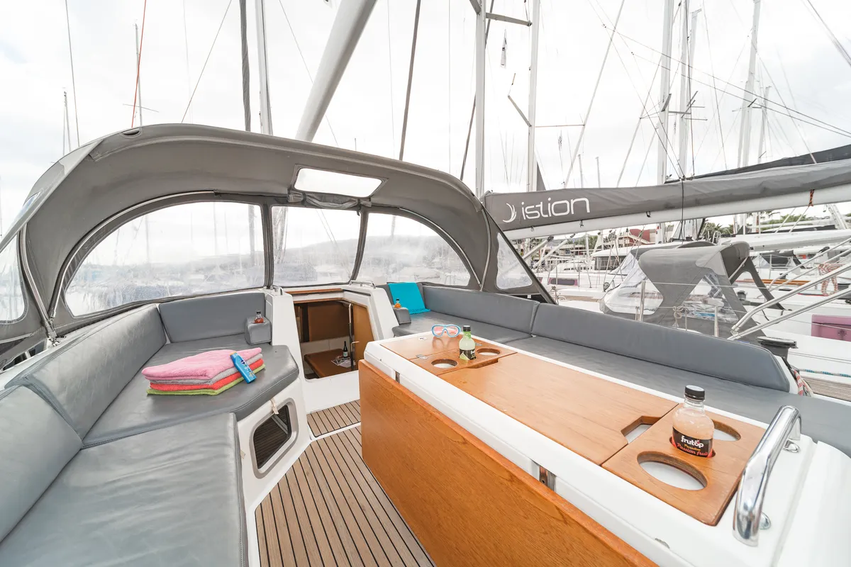 Deck of Scorpius, a Jeanneau 54 sailboat at Kos, Greece
