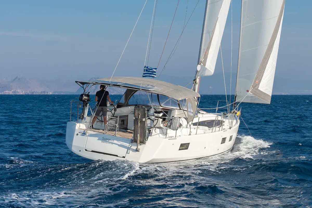 Exterior view of Scorpius, a Jeanneau 54 sailboat at Kos, Greece