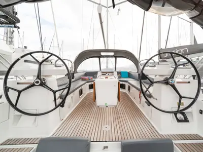 Cockpit of Scorpius, a Jeanneau 54 sailboat at Kos, Greece