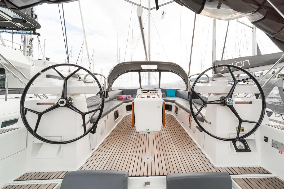 Cockpit of Scorpius, a Jeanneau 54 sailboat at Kos, Greece