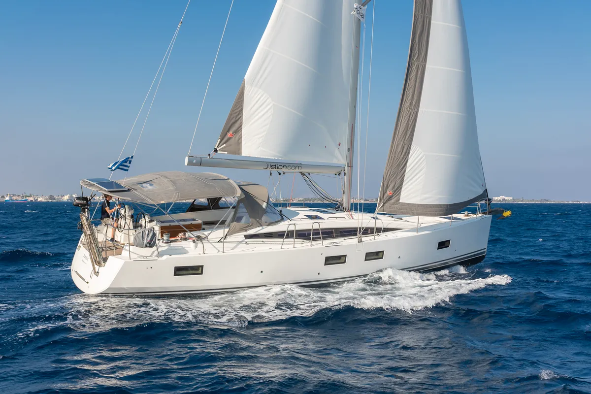 Exterior view of Scorpius, a Jeanneau 54 sailboat at Kos, Greece