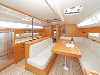 Salon of Scorpius, a Jeanneau 54 sailboat at Kos, Greece