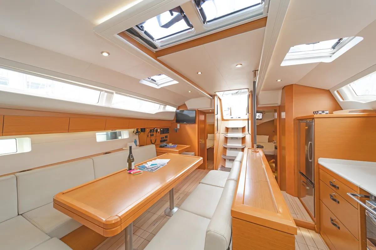 Salon of Scorpius, a Jeanneau 54 sailboat at Kos, Greece