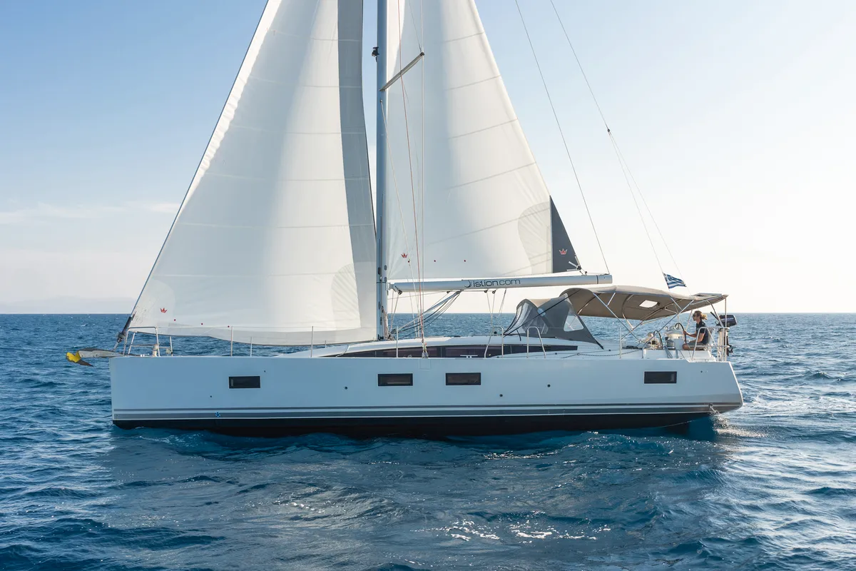 Exterior view of Scorpius, a Jeanneau 54 sailboat at Kos, Greece