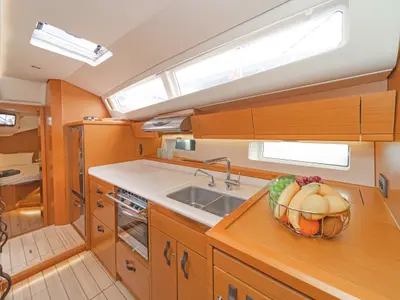 Galley of Scorpius, a Jeanneau 54 sailboat at Kos, Greece