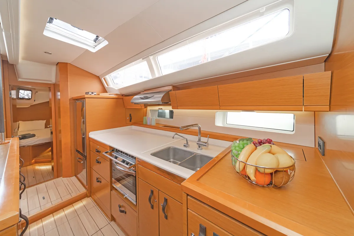 Galley of Scorpius, a Jeanneau 54 sailboat at Kos, Greece