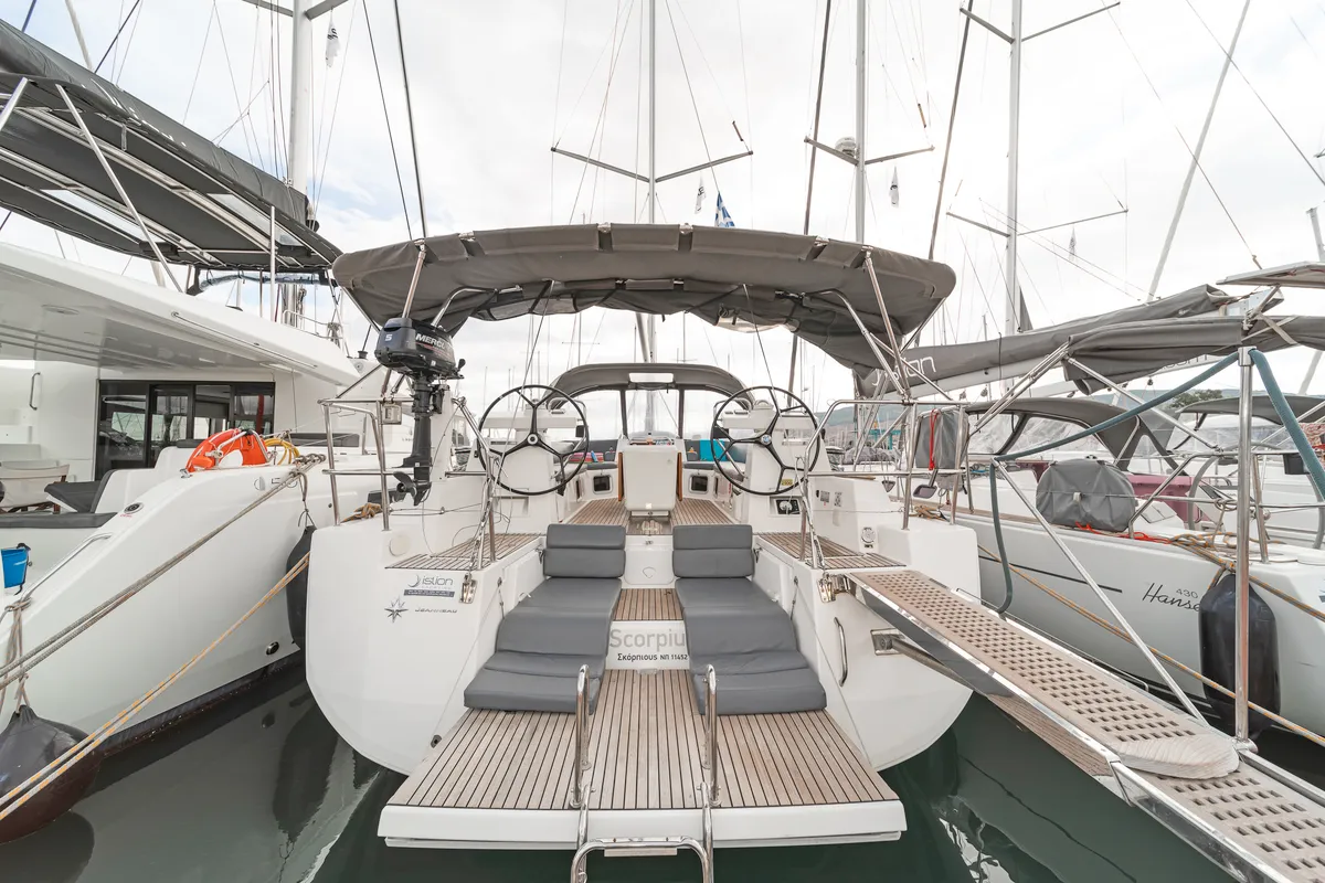 Deck of Scorpius, a Jeanneau 54 sailboat at Kos, Greece