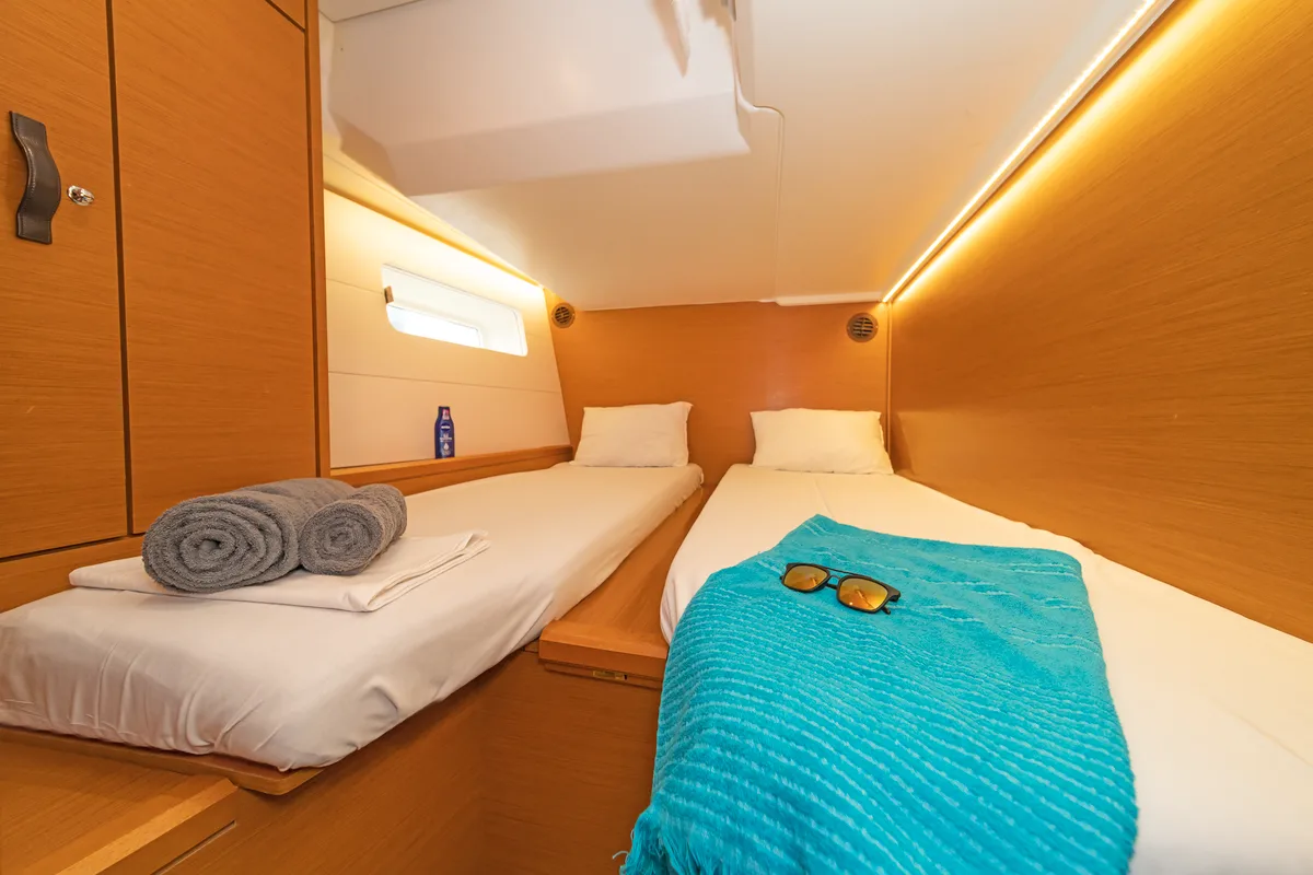 Cabin on Scorpius, a Jeanneau 54 sailboat at Kos, Greece