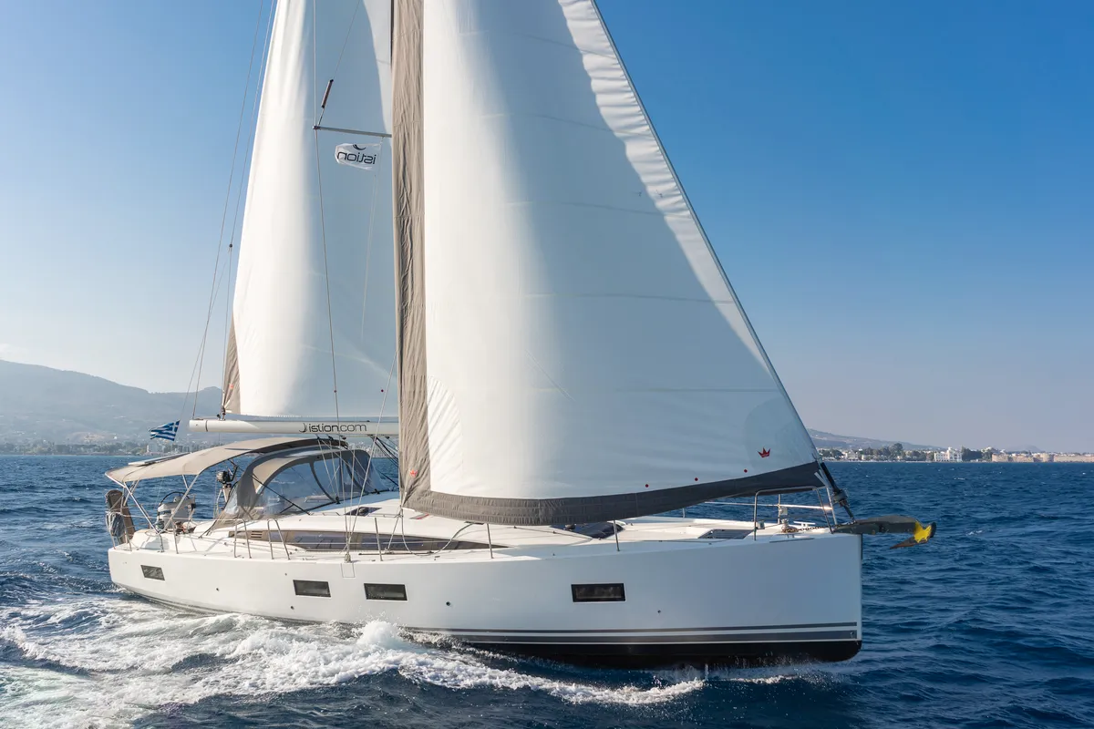 Exterior view of Scorpius, a Jeanneau 54 sailboat at Kos, Greece