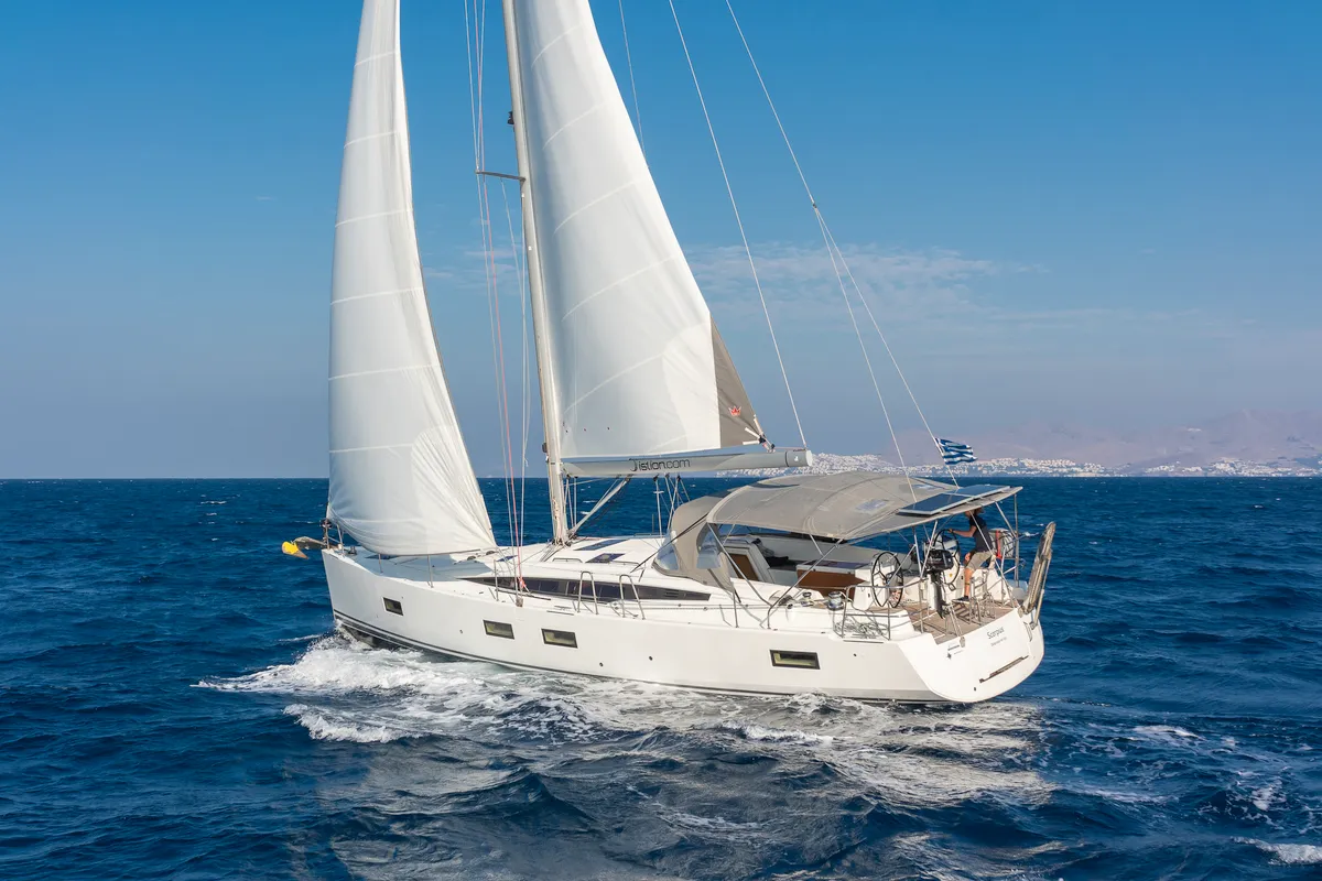 Exterior view of Scorpius, a Jeanneau 54 sailboat at Kos, Greece