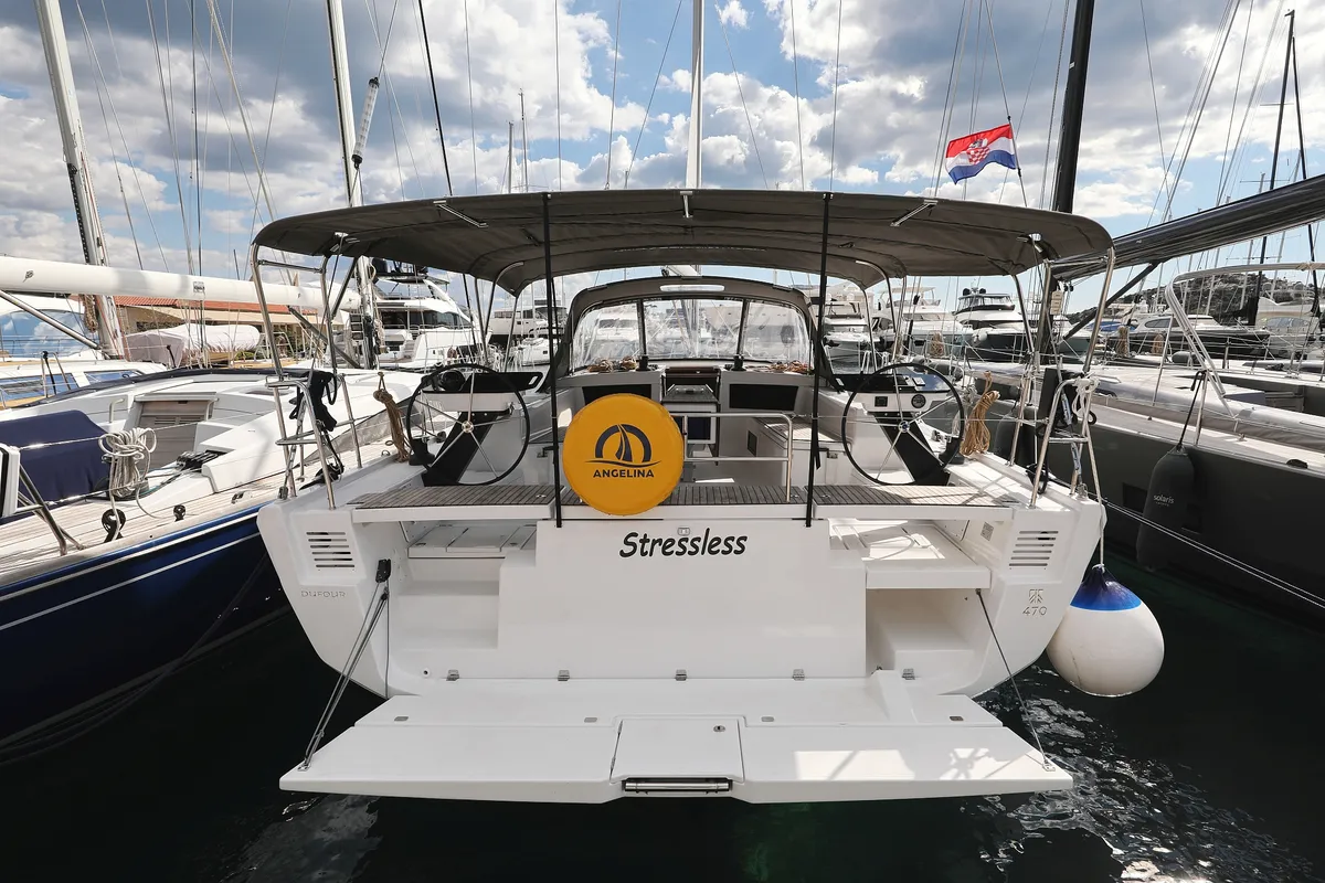 Exterior view of Stressless, a Dufour 470 sailboat at Grad Biograd na Moru, Croatia