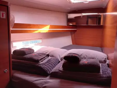 Cabin on Surprise, a Dufour 450 Grand Large sailboat at Marmaris, Turkey