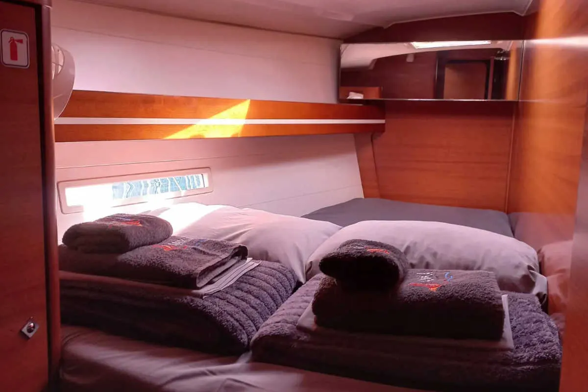 Cabin on Surprise, a Dufour 450 Grand Large sailboat at Marmaris, Turkey