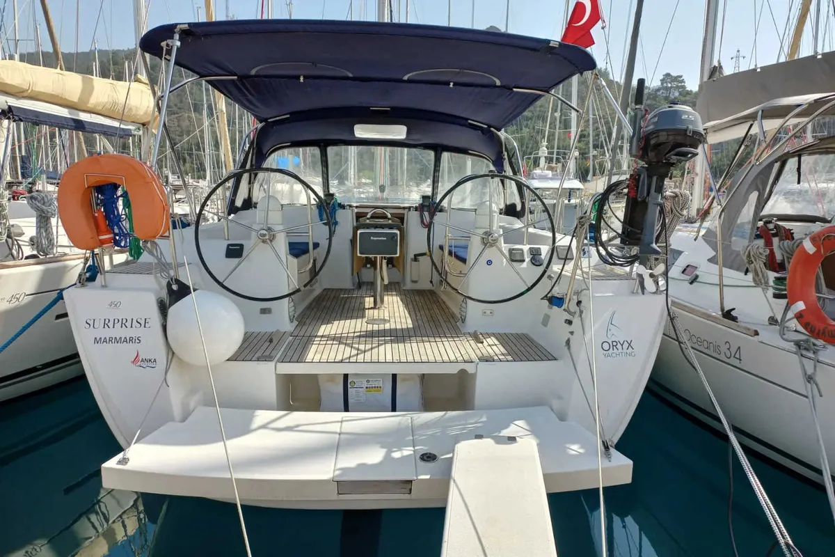 Exterior view of Surprise, a Dufour 450 Grand Large sailboat at Marmaris, Turkey