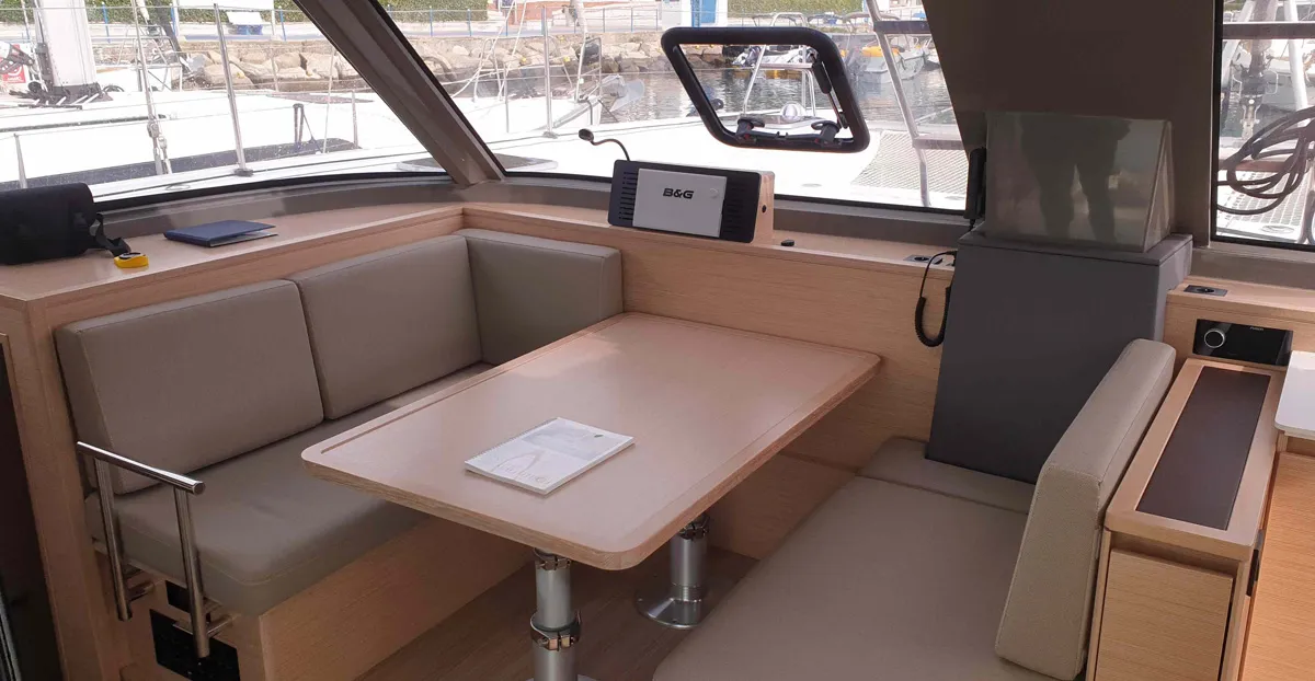 Salon of Lullaby, a Nautitech 40 Open catamaran at Tropea, Italy