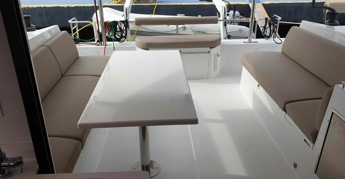 Deck of Lullaby, a Nautitech 40 Open catamaran at Tropea, Italy