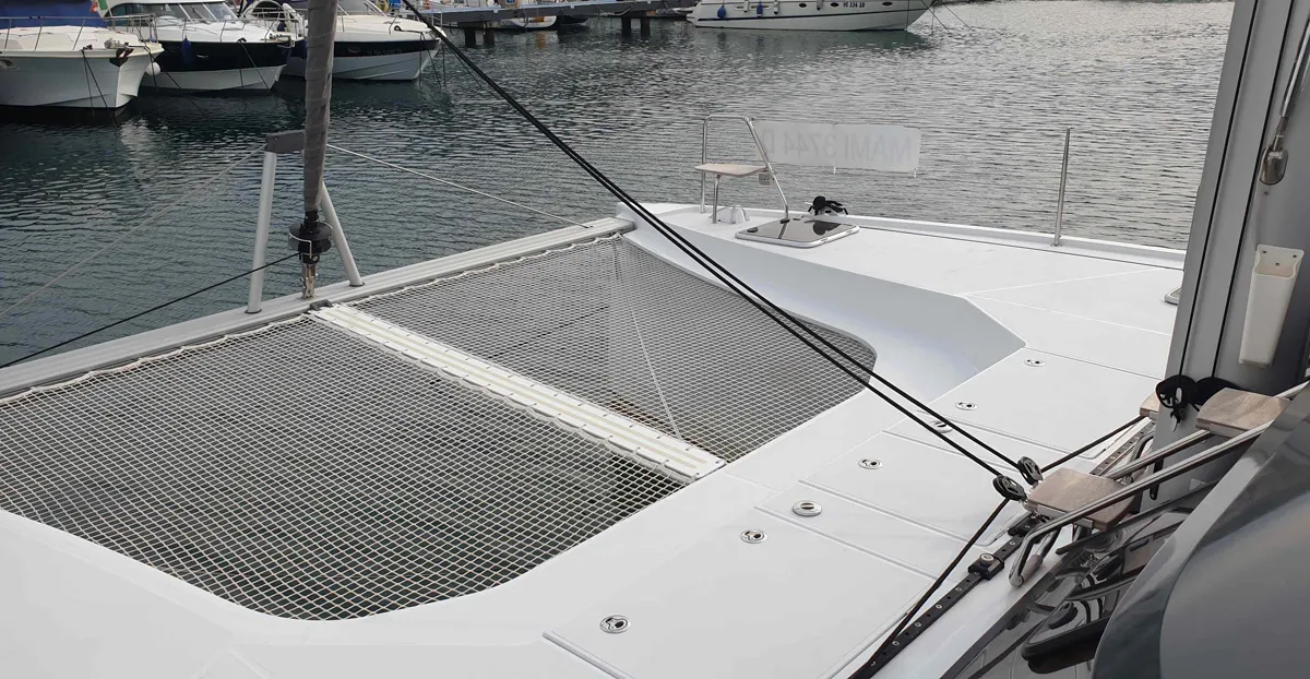 Deck of Lullaby, a Nautitech 40 Open catamaran at Tropea, Italy