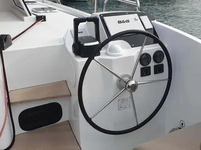 Cockpit of Lullaby, a Nautitech 40 Open catamaran at Tropea, Italy