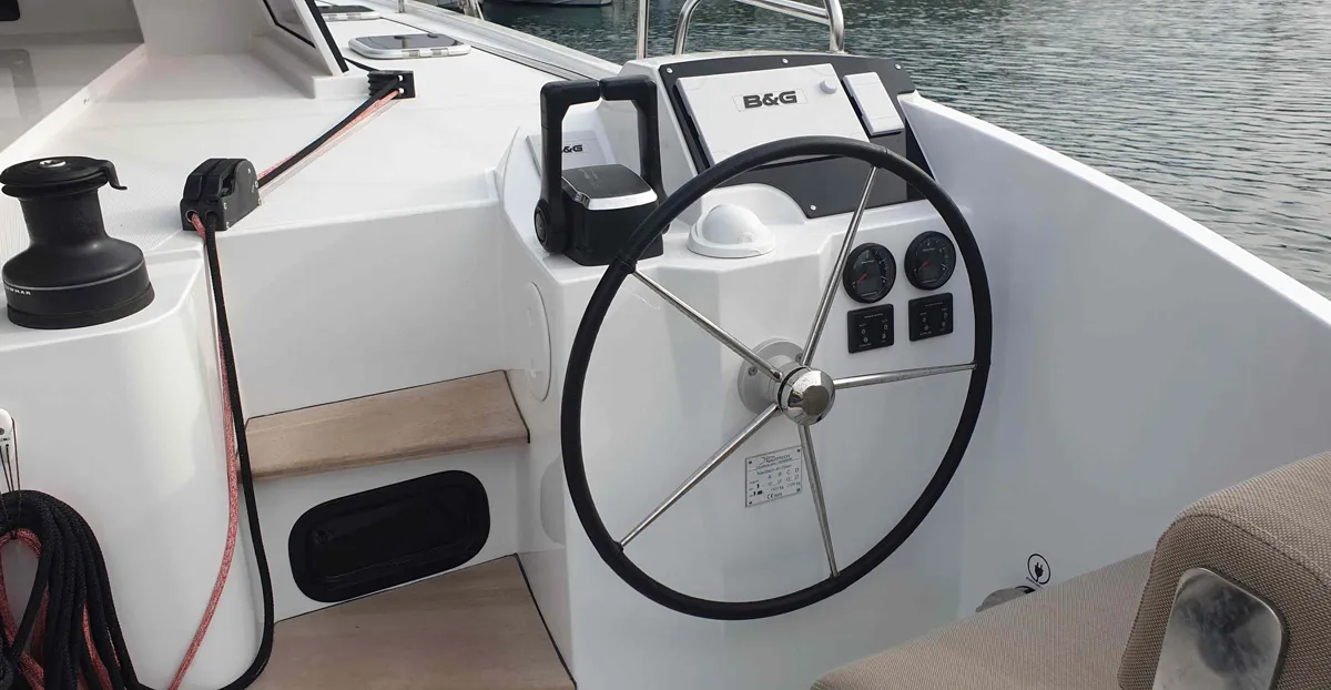 Cockpit of Lullaby, a Nautitech 40 Open catamaran at Tropea, Italy