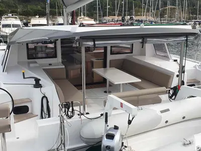 Deck of Lullaby, a Nautitech 40 Open catamaran at Tropea, Italy