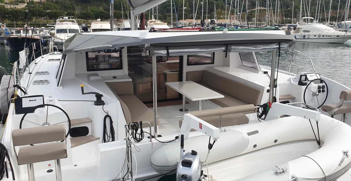 Deck of Lullaby, a Nautitech 40 Open catamaran at Tropea, Italy