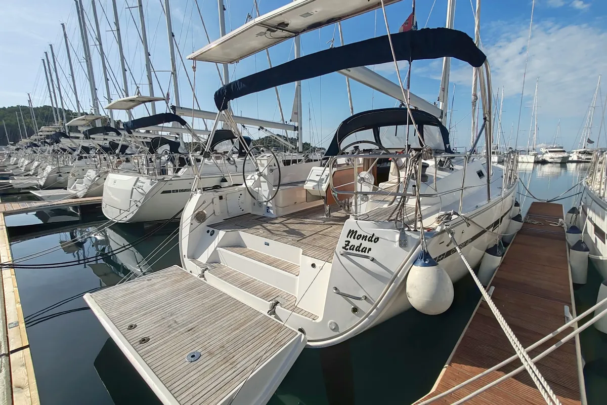 Exterior view of Mondo, a Bavaria Cruiser 46 sailboat at Općina Pakoštane, Croatia