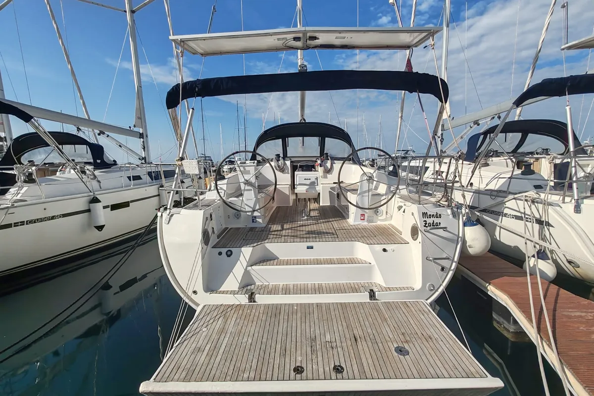 Exterior view of Mondo, a Bavaria Cruiser 46 sailboat at Općina Pakoštane, Croatia