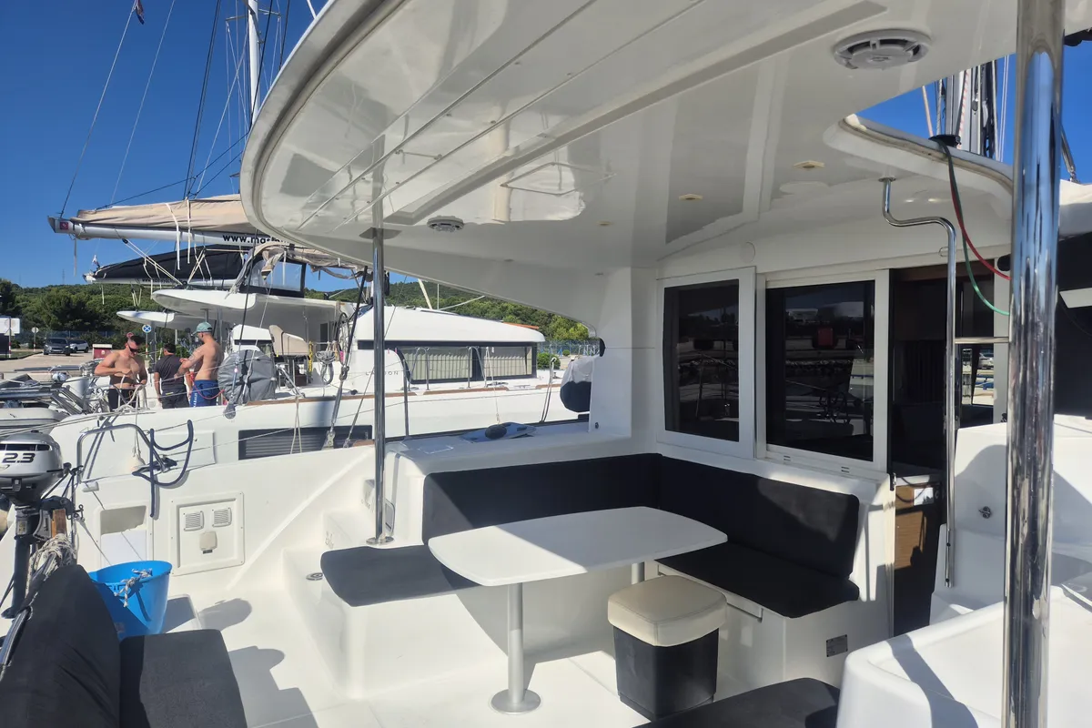 Deck of Nina II, a Lagoon 40 catamaran at Dubrovnik, Croatia