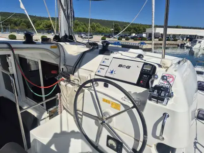 Cockpit of Nina II, a Lagoon 40 catamaran at Dubrovnik, Croatia