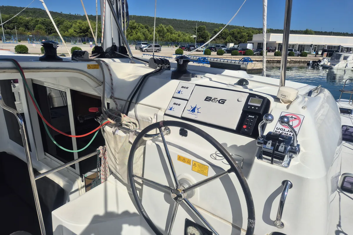 Cockpit of Nina II, a Lagoon 40 catamaran at Dubrovnik, Croatia
