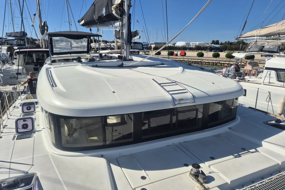 Deck of Nina II, a Lagoon 40 catamaran at Dubrovnik, Croatia
