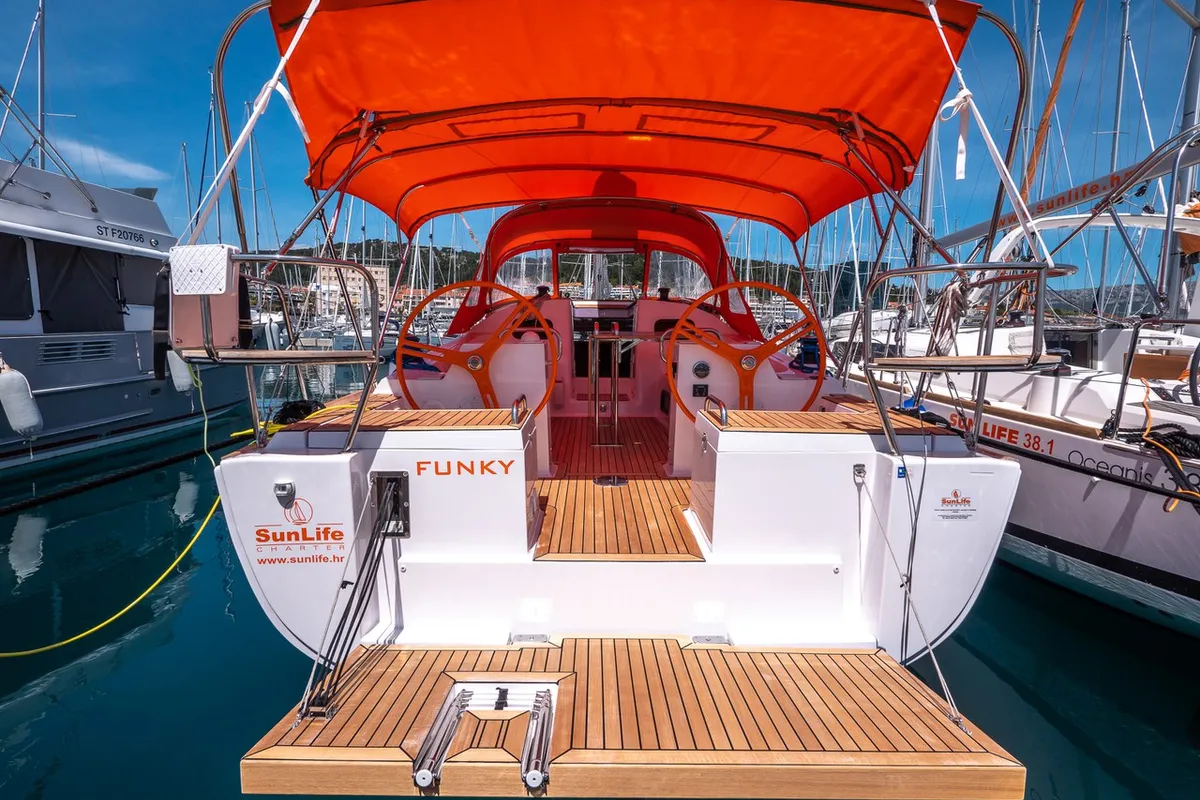 Exterior view of Funky, a Elan Impression 40.1 sailboat at Split, Croatia