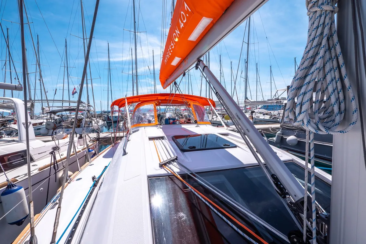 Deck of Funky, a Elan Impression 40.1 sailboat at Split, Croatia