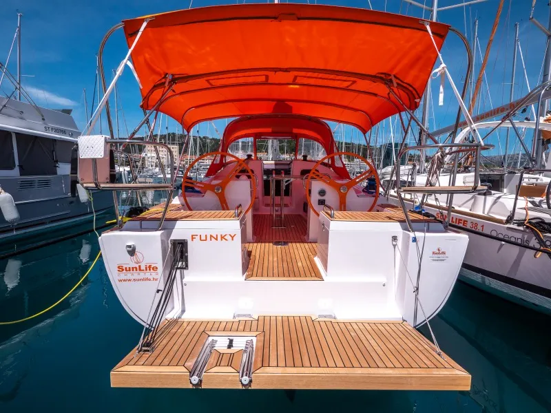 Exterior view of Funky, a Elan Impression 40.1 sailboat at Split, Croatia