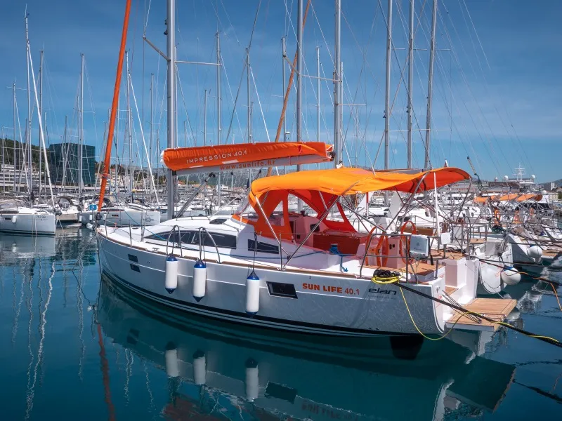 Exterior view of Funky, a Elan Impression 40.1 sailboat at Split, Croatia