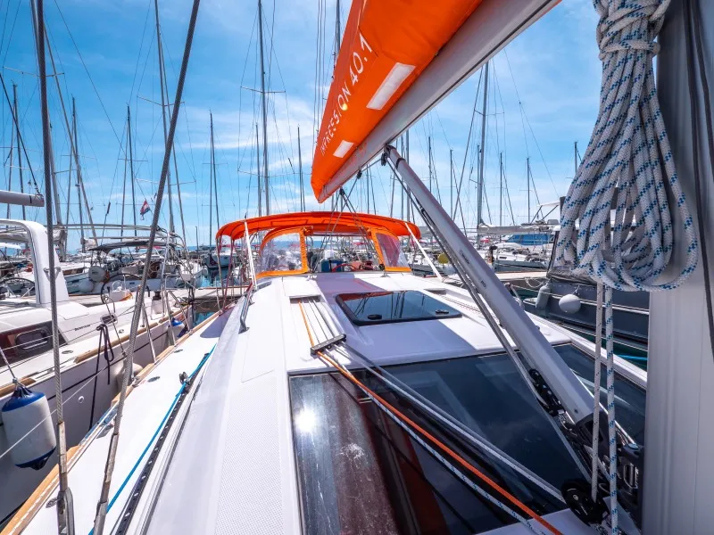 Deck of Funky, a Elan Impression 40.1 sailboat at Split, Croatia